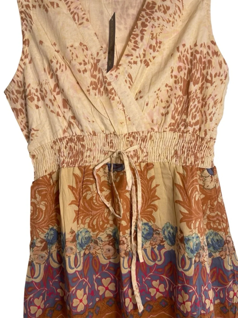 Chaudry KC Women’s Boho Tiered Midi Dress in Beige and Rust Floral Size L NWT